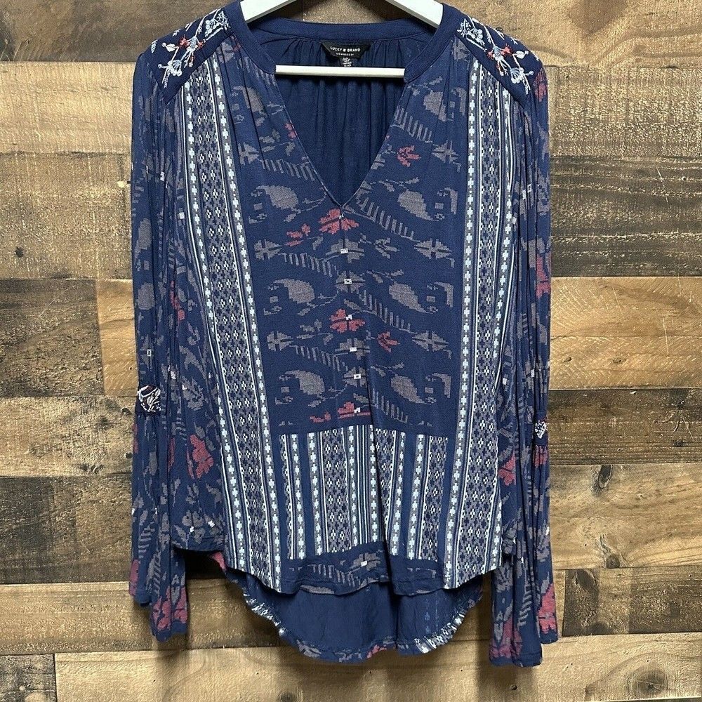 Lucky Brand Top S/P Boho Bell Sleeve Blue Floral Embroidered Viscose Stretch Top